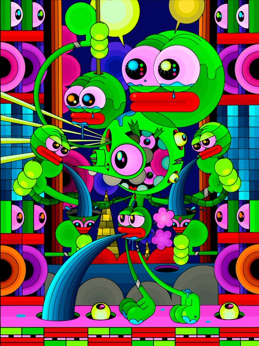 A vibrant, surreal cartoon illustration featuring multiple green, frog-like characters with large pink eyes in a bizarre, colorful room with speakers and geometric patterns.