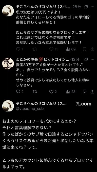 The image shows a heated Twitter exchange in Japanese where user "そこらへんのザコつむり" (@vteamp_sub) brags about having 30万円 ($300K) in assets and threatens to block anyone criticizing their sub-account strategy, while another user "どこかの隊長💯ビットコイナー" mocks that amount as insufficient to comment on investing like Amazon stocks, prompting a defensive comeback about shadowbanning casual accounts. The exchange illustrates the exact type of aggressive, low-skill reply that the accompanying post criticizes as evidence of intellectual poverty among critics.