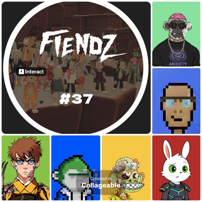 Collage image titled 'FIENDZ #37' featuring various cartoon and pixel-art character portraits (including a monkey, anime characters, and a white bunny) created with Collageable.