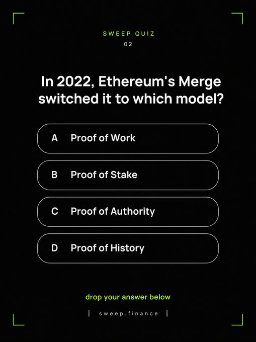 A crypto trivia quiz from sweep.finance asking which consensus model Ethereum's 2022 Merge transitioned to, presenting four options: Proof of Work, Proof of Stake, Proof of Authority, and Proof of History. The post invites followers to answer with the corresponding letter (B being the correct answer, Proof of Stake).