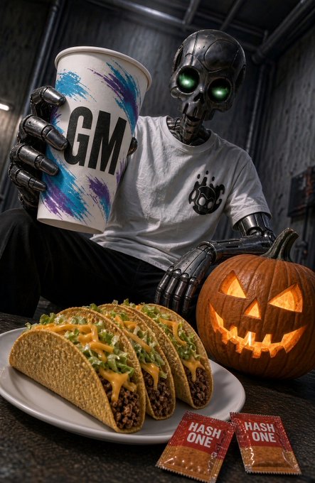A robot with glowing green eyes holds a large cup labeled 'GM' while sitting next to a carved jack-o'-lantern; in front are four beef tacos on a plate and two 'HASH ONE' sauce packets.