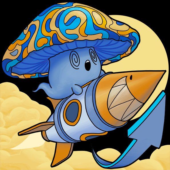 A cartoon illustration of a blue creature riding a rocket ship through clouds, with 'SOL' written on its mushroom-like hat.