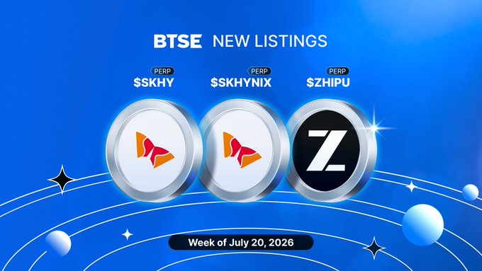 A promotional graphic for BTSE New Listings featuring perpetual contracts for $SKHY, $SKHYNIX, and $ZHIPU for the Week of July 20, 2026.