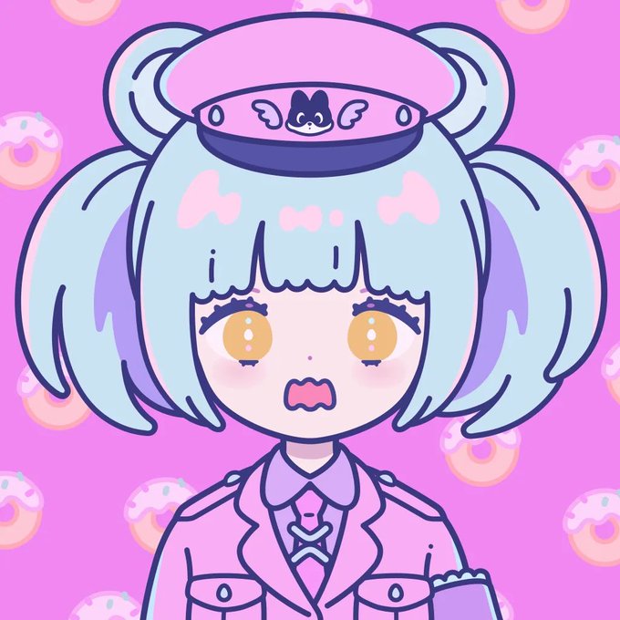 A digital illustration of an anime-style character with light blue hair, large yellow eyes, and a pink military-style hat with a cat emblem, set against a pink background patterned with donuts.
