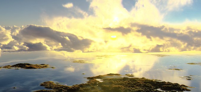 A scenic landscape of a sunset over the ocean, with the sun breaking through dramatic clouds and reflecting on calm waters dotted with small rocky islands.