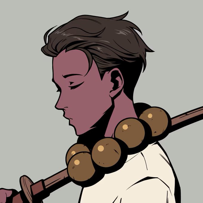 A digital illustration in profile of a character with purple skin and dark hair, carrying a large beaded necklace over their shoulder along with a staff.