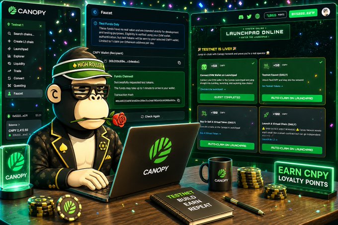 A stylized monkey character wearing a "HIGH ROLLER" cap sits at a laptop displaying the Canopy (CNPY) platform interface, surrounded by task panels like "Testnet is Live," faucet fund distribution, loyalty points (1,855), and a "CNPY 2,417.55" balance alongside stacks of coins and a notebook reading "Testnet: Build, Earn, Repeat"—visually reinforcing the post's message about Canopy's hands-on, reward-driven ecosystem where users actively complete onchain tasks and collect CNPY loyalty points rather than just passively following announcements.