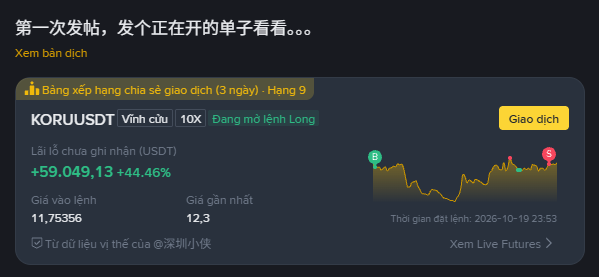 Vietnamese-language Xem bản địch crypto trading screen for the KORUUSDT perpetual contract, showing +59,049.13 and +44.46%, volume 11.75356, open interest 12.3, and an “Đang mở lệnh Long” status.