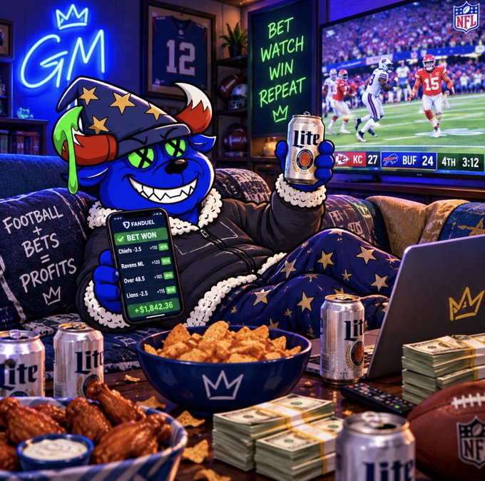 AI-generated illustration of a blue dog mascot wearing a wizard hat and star pajamas, watching an NFL game (KC vs BUF) while holding a FanDuel betting app showing a 'BET WON' payout of +$1,842.36, surrounded by Miller Lite cans, chicken wings, chips, and stacks of cash.