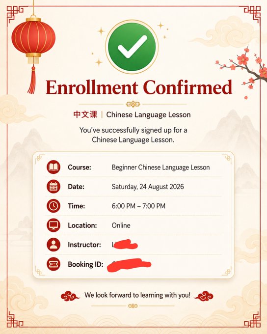 The image is an "Enrollment Confirmed" notification for a Beginner Chinese Language Lesson scheduled for Saturday, 24 August 2026, from 6:00 PM to 7:00 PM online, with instructor and booking ID details redacted. 

The connection to the post appears coincidental—there's no direct visual link to Vydamo's gold investments, suggesting the image was simply re-shared as the only attachment available, unrelated to the commentary about gold market activity.