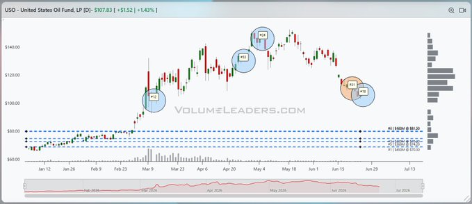 A daily candlestick chart of the USO (United States Oil Fund) ETF showing a price of $107.83 (+1.52, +1.43%) with several highlighted "FII" sell signals marked at key peaks and reversals, alongside projected downside targets near $80.30 (labeled "LS1").