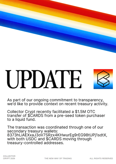 The image shows a poster with a colorful background featuring red, blue, yellow, and orange stripes. The text on the poster reads "Updte" followed by a list of updates that include a new way of trading cards at collector crypto.