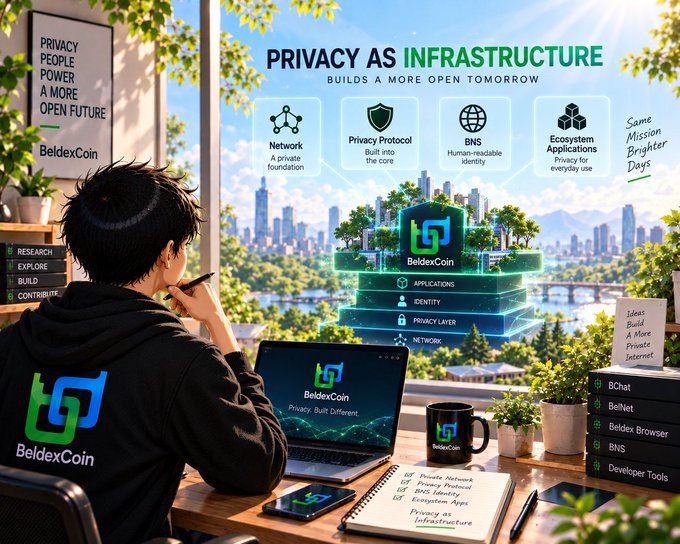 A digital promotional graphic shows a person at a desk with a laptop displaying the 'BeldexCoin' logo, with text reading 'PRIVACY AS INFRASTRUCTURE,' 'BUILDS A MORE OPEN TOMORROW,' and listing features like 'Network,' 'Privacy Protocol,' 'BNS,' and 'Ecosystem Applications.'