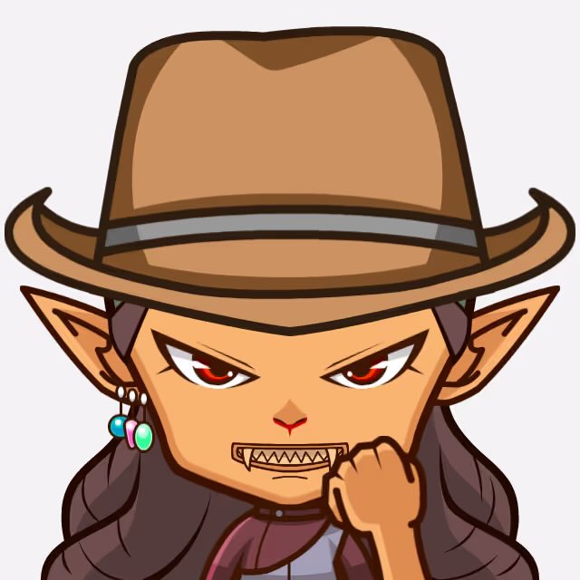 An anime-style cartoon character with pointed ears, sharp teeth, and red eyes wearing a brown fedora hat and a dark coat, looking intensely at the viewer.