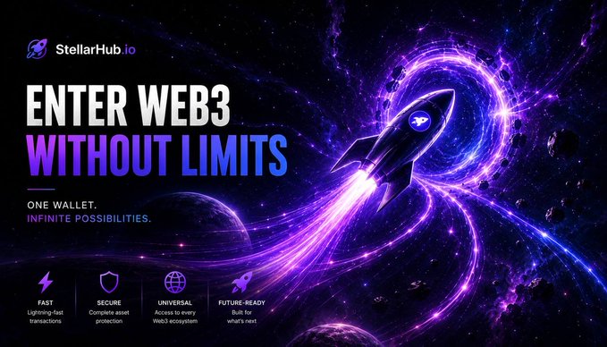The image features a purple rocket flying through space with stars surrounding it, accompanied by text that reads "Enter Web3 without limits" and "One wallet. Infinite possibilities." The image also includes a caption about joining the StellarHub.io platform for Web3 and crypto services.