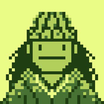 A pixel art illustration of a green character resembling a plant or flower-person with a simple face, set against a light green background.