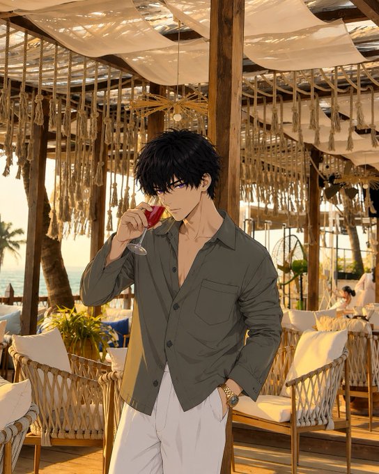 An anime-style illustration depicts a dark-haired young man in an olive green shirt and white pants drinking from a glass of red wine in a beachside cabana decorated with macramé and draped fabric.