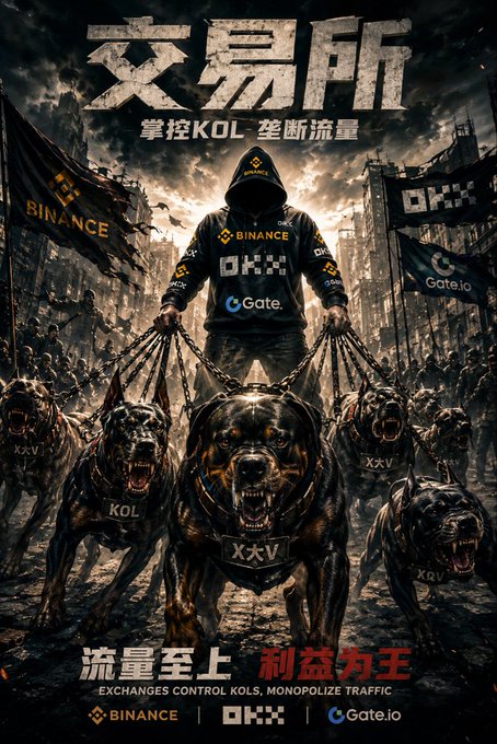 A dark, stylized poster featuring a hooded figure with multiple dog heads on chains, labeled with crypto exchange names 'Binance', 'OKX', and 'Gate.io', along with Chinese text and 'EXCHANGES CONTROL KOLS, MONOPOLIZE TRAFFIC'.