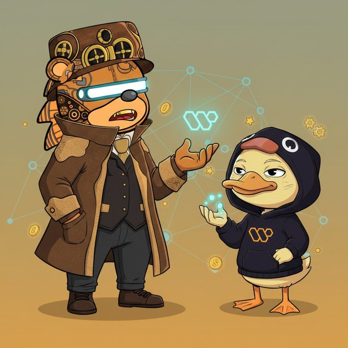 A steampunk bear with a top hat and glowing blue visor stands next to a duck wearing a black hoodie featuring the Wallchain logo (a stylized "W" hexagon design), as they examine a floating network of interconnected nodes and coins symbolizing the Web3 attention economy.

The image visually represents the post's theme of Wallchain's focus on rewarding genuine creators and users through real connections, with the bear and duck collaborating over a blockchain-style network of nodes—mirroring the "genuine overlaps and connections" highlighted in the tweet rather than spam-driven engagement.