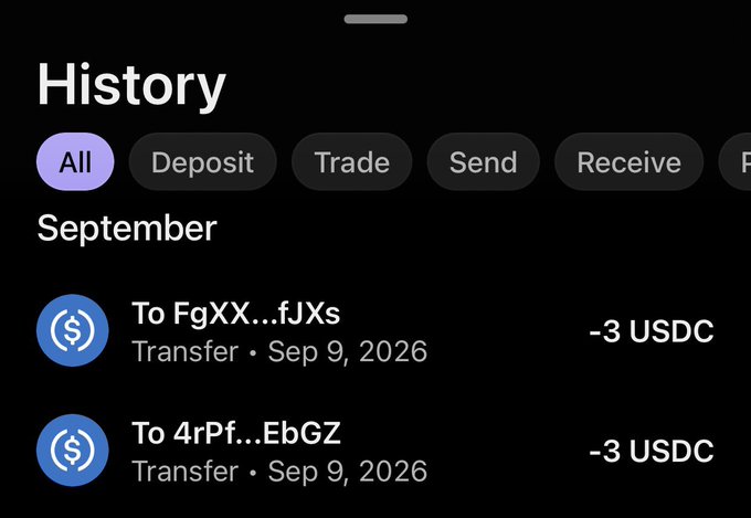 Mobile app transaction history showing two outgoing USDC transfers of 3 USDC each on September 9, 2026, with filter tabs for All, Deposit, Trade, Send, and Receive.