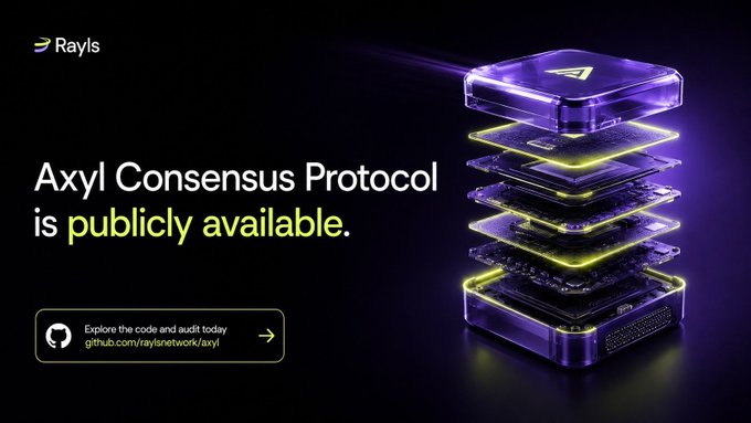 Rayls announcement that the Axyl Consensus Protocol is now publicly available, featuring a 3D rendered purple server stack graphic with a GitHub link.