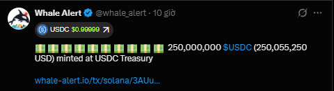 A tweet from 'Whale Alert' reports that 250,000,000 USDC ($250,055,250 USD) was minted at the USDC Treasury on the Solana blockchain.