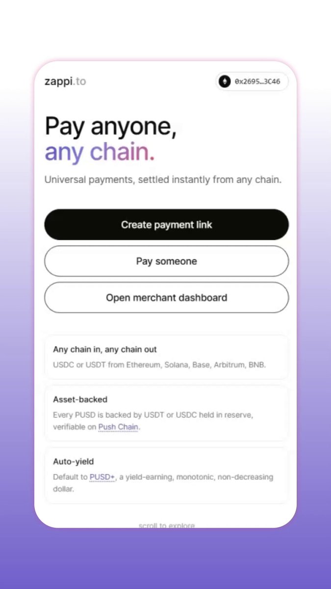 The image shows a phone screen displaying information about a payment platform called zappi.to, which allows users to create payment links for anyone to pay them instantly using their preferred payment method. The app also provides options for users to accept USDC/USDT payments from any chain and offers the ability to share payment links on social media platforms or with friends. Additionally, there is a feature that enables users to earn passive yield by accepting payments through the platform.
