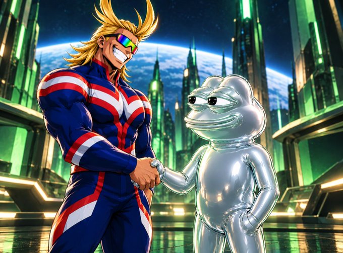 An anime illustration of All Might from My Hero Academia shaking hands with a shiny silver Pepe the Frog statue against a futuristic green cityscape with Earth in the background.