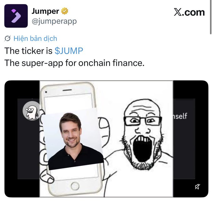A social media post from "Jumper" (@jumperapp) stating "The ticker is $JUMP. The super-app for onchain finance," featuring an image of a smiling man in a phone next to a screaming cartoon character.