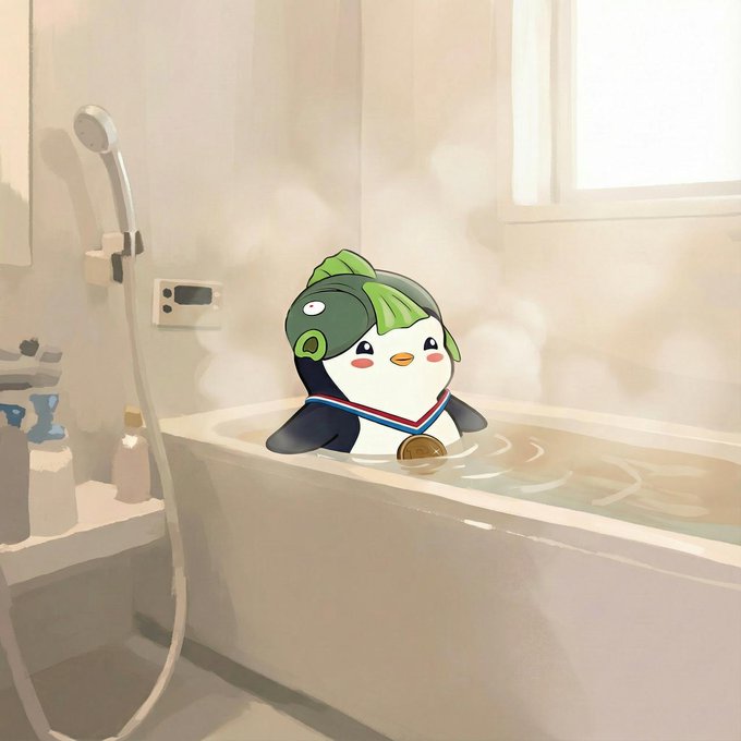 A cute penguin character with a green fish on its head relaxes contentedly in a steamy bathtub, soaking in the warm water to start the day right.

The cozy, cheerful scene pairs perfectly with a "Good morning and have a great Friday!" greeting, capturing the peaceful joy of a relaxing bath to begin the day.