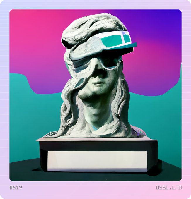 A digital artwork or NFT (#619 by DSSL.LTD) featuring a classical marble bust of a woman wearing futuristic VR-style sunglasses against a vibrant pink and teal gradient background.