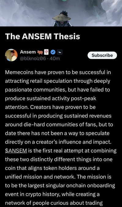 Screenshot of a post titled 'The ANSEM Thesis' by @blknoiz06 explaining that $ANSEM combines memecoin community speculation with creator influence speculation for on-chain onboarding.