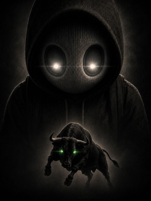 A dark, ominous figure in a hoodie with glowing white eyes looms behind a charging bull with piercing green eyes, creating a dramatic "bull vs. bear" visual metaphor that reflects the bold, high-stakes energy of a crypto influencer rallying the $ANSEM community to share their $SOL addresses for a giveaway.