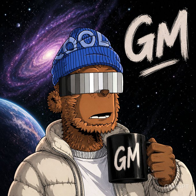 An NFT-style illustration of a bear character wearing a 'GOLD' beanie and futuristic visor, holding a black mug that says 'GM' against a cosmic background with 'GM' written in large letters.