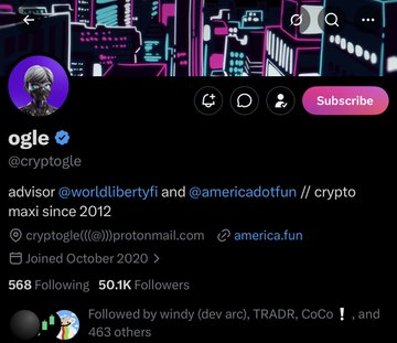 The image shows a crypto-themed Twitter/X profile for "ogle" (@cryptogle) with a neon cityscape header, displaying a bio as advisor to @worldlibertyfi and @americadotfun since 2012, with 568 following and 50.1K followers. The profile's pseudonym "ogle" combined with the "Don't forget…" caption suggests a teaser or reminder post from this crypto influencer, likely hinting at upcoming news or commentary related to the projects he advises.