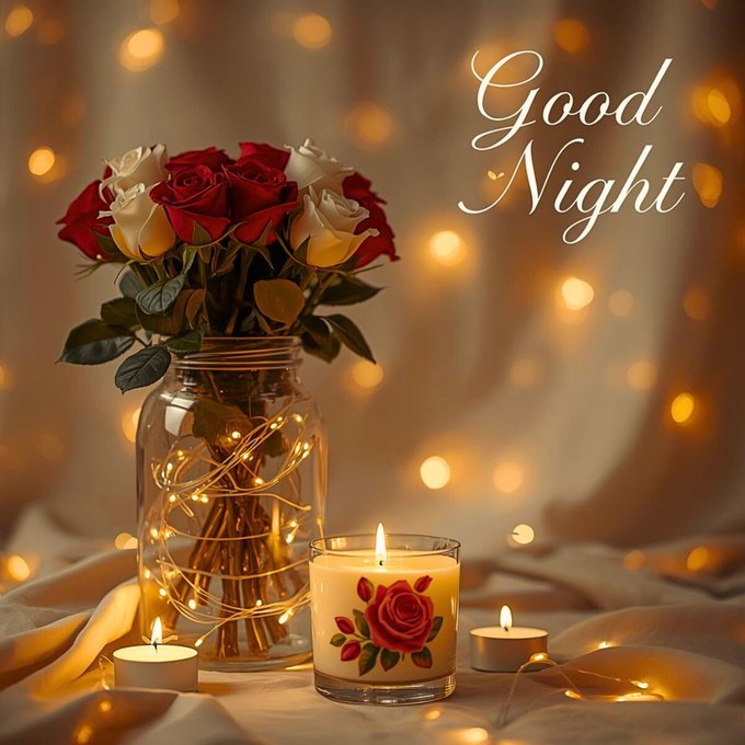 urn of red roses, white and pink roses, candle with a rose design, and two white candles on a beige tablecloth.