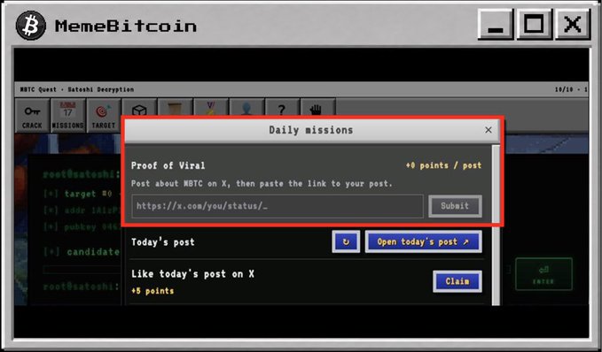 Screenshot of a "MemeBitcoin" application window highlighting a "Daily missions" panel for a "Proof of Viral" task worth "+5 points / post", with instructions to post about MBTC on X.