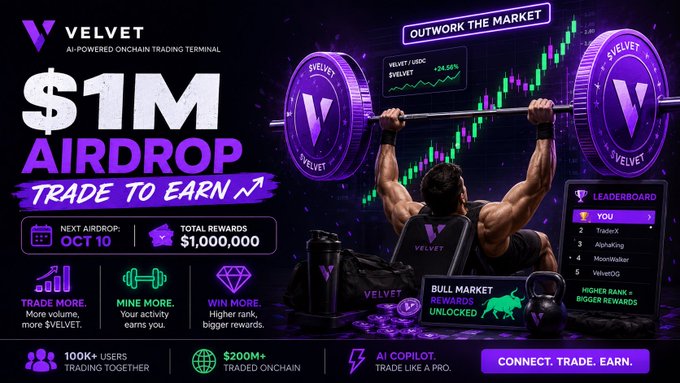 A promotional banner for Velvet's "$1M Airdrop" campaign, featuring a muscular lifter lifting a barbell made of branded $VELVET tokens against a bullish green chart backdrop, highlighting "Oct 10" as the next airdrop date, a leaderboard ranking top traders, and stats of "100K+ Users" and "$200M+ Traded Onchain"—visually emphasizing the post's message that Velvet rewards real trading activity.