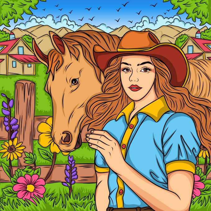 A colorful cartoon illustration of a red-haired woman in a cowboy hat standing next to a brown horse in a vibrant countryside setting with flowers and houses.