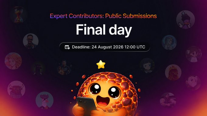 Promotional graphic for Expert Contributors: Public Submissions, announcing the Final day with a deadline of 24 August 2026 12:00 UTC, featuring a cartoon character holding a tablet.