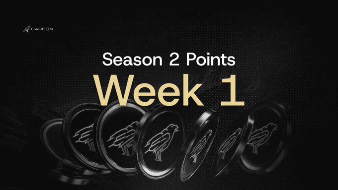 A dark promotional graphic for Carbon's 'Season 2 Points Week 1' featuring black tokens embossed with bird logos.