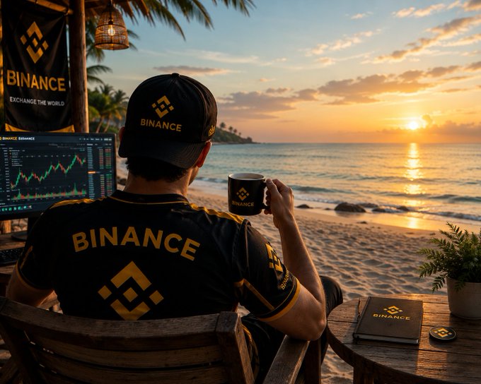 The image shows a man sitting at a table with a laptop open in front of him. He is wearing a black hat that has "Binance" written on it. The man also holds a coffee cup, which appears to be filled with coffee or tea. There are two potted plants nearby - one on the left side and another on the right side of the table. A book can be seen placed next to the laptop. The scene suggests that the man is working from home while enjoying his morning beverage in front of a beautiful beach view, possibly during sunrise or sunset.