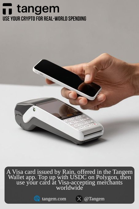 A hand holds a smartphone above a payment terminal, illustrating Tangem Pay's seamless contactless crypto-to-fiat spending via the Visa card offered in the Tangem Wallet app and issued by Rain.