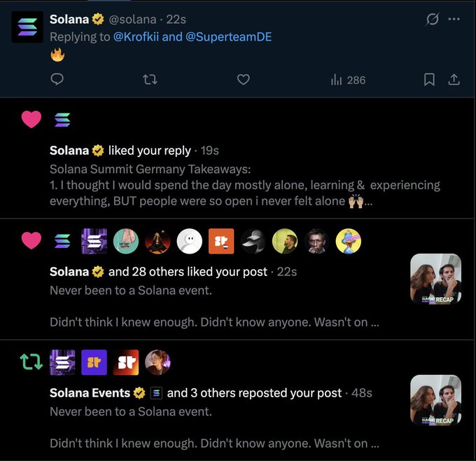 A screenshot of Twitter/X notifications showing Solana's official account (@solana) and 28 others liking and reposting a user's post about attending their first Solana event, alongside a Solana Summit Germany recap. The engagement from Solana's official handle directly relates to the post's excitement about the unexpected viral response to their first-time Solana event video.