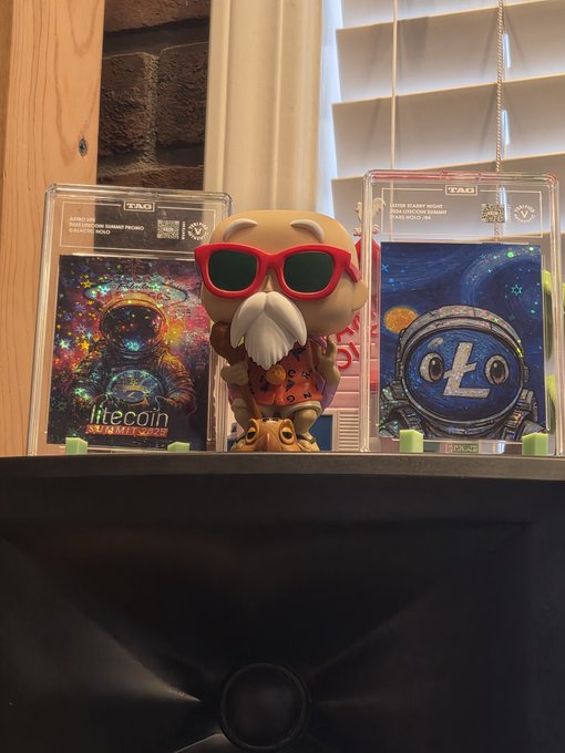 A Funko Pop-style figurine of a cryptocurrency mascot wearing red sunglasses, displayed between two TAG-branded crypto collectible cards (Litecoin and what appears to be a Space-themed coin).