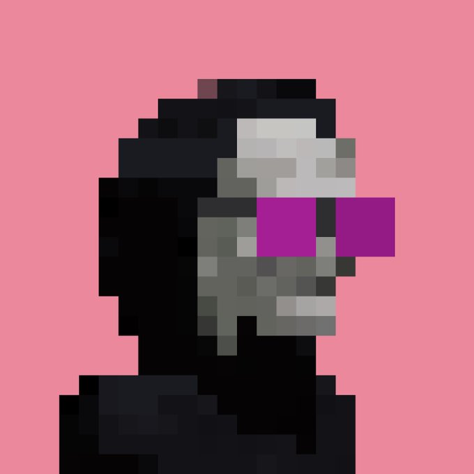 A low-resolution pixel art portrait of a hooded figure wearing bright pink/magenta pixelated sunglasses against a pink background.