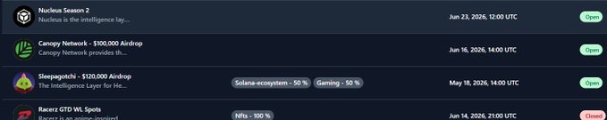 A screenshot of an airdrop listing platform showing entries for Nucleus Season 2, Canopy Network ($100,000 Airdrop), Sleepagotchi ($120,000 Airdrop), and Racers GTO WL Spots, with dates in 2026 and 'Open' or 'Closed' status buttons.