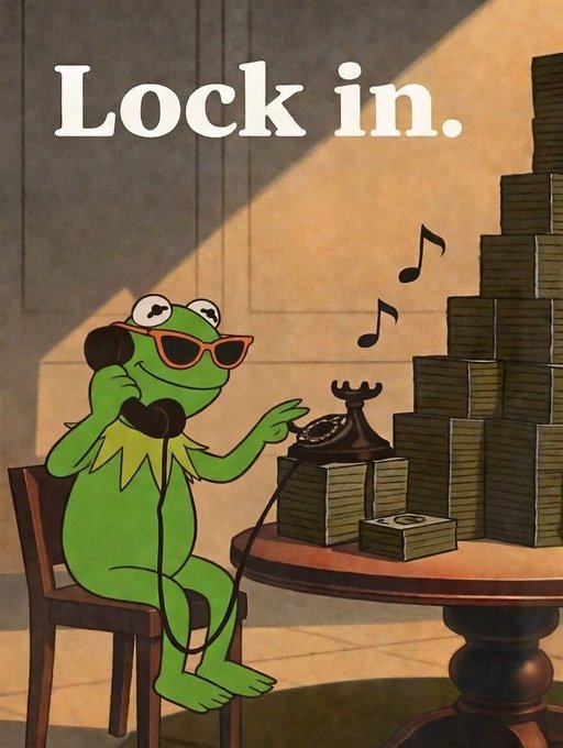The image shows Kermit the Frog wearing sunglasses and a headset, casually pointing at a massive pile of stacked cash on a table, with the text "Lock in." displayed at the top. It ties into the post's message about committing early to a community ("locking in" before a bull run) to position yourself for big gains, much like Kermit confidently sitting next to mountains of money.