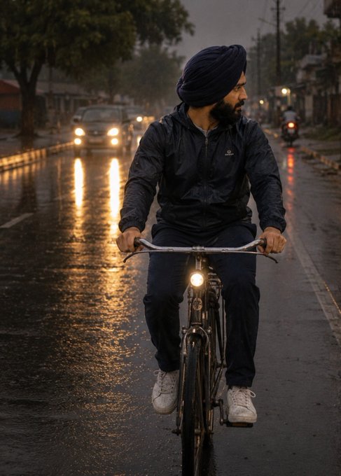 A man wearing a blue turban and dark jacket rides a bicycle with a front light down a wet street at dusk.