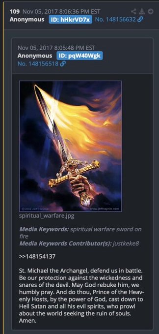 A 4chan post from Nov 05, 2017 featuring an image of a flaming sword labeled "spiritual_warfare.jpg" along with a prayer to St. Michael the Archangel for protection against the devil and evil spirits.